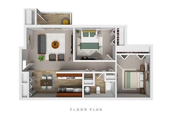 Floor Plan  A floor plan of a house with a kitchen, living room, dining room, and bathrooms.