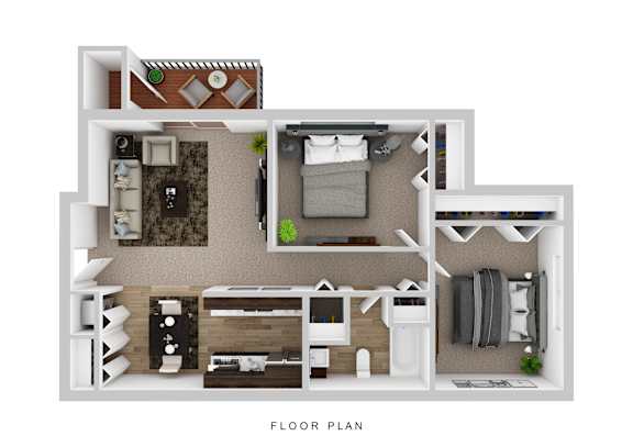 Floor Plan  A floor plan of a house with a kitchen, living room, and bedrooms.
