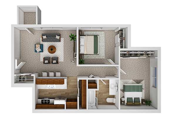 Floor Plan  A 3D floor plan of a small apartment with a kitchen, living room, and bathroom.