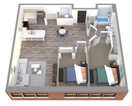 Floor Plan  A 3D floor plan of a house with a living room, dining room, kitchen, and bedrooms.