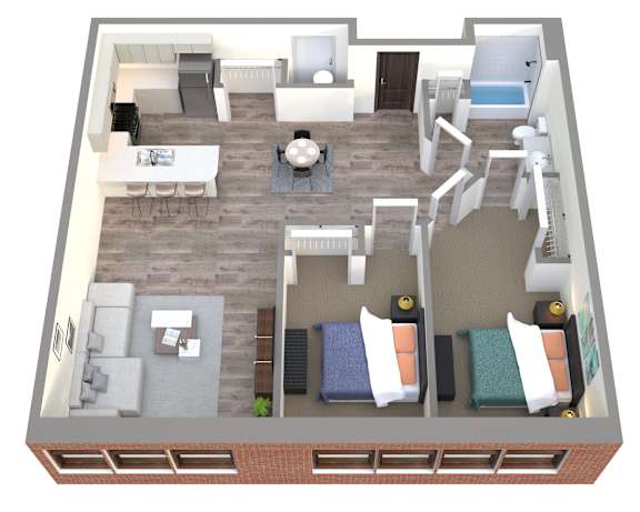 Floor Plan  A 3D floor plan of a small apartment with a living room, kitchen, and bedrooms.