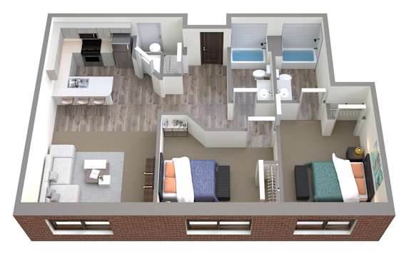 Floor Plan  A 3D floor plan of a house with two bedrooms, a living room, a kitchen, a bathroom, and a balcony.