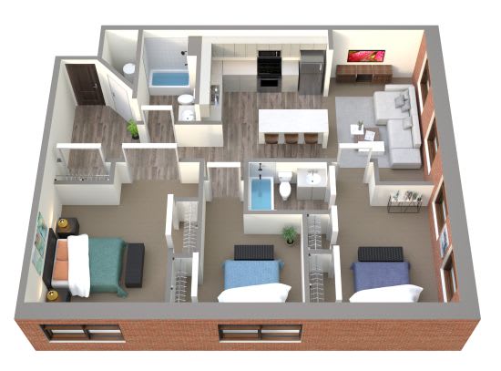 Floor Plan  A 3D floor plan of a house with a kitchen, living room, and bedrooms.