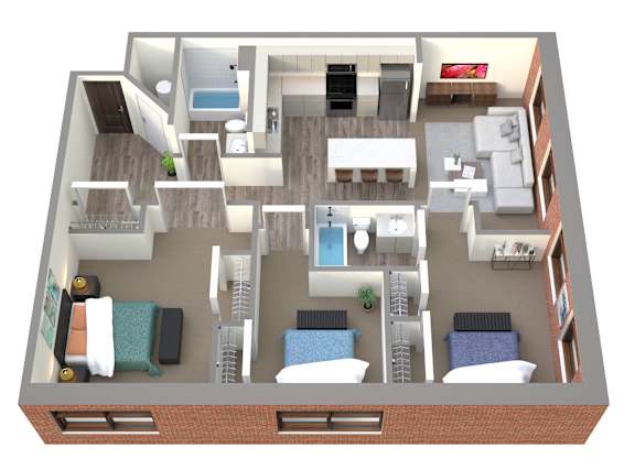 Floor Plan  A 3D floor plan of a house with a kitchen, living room, and bedrooms.