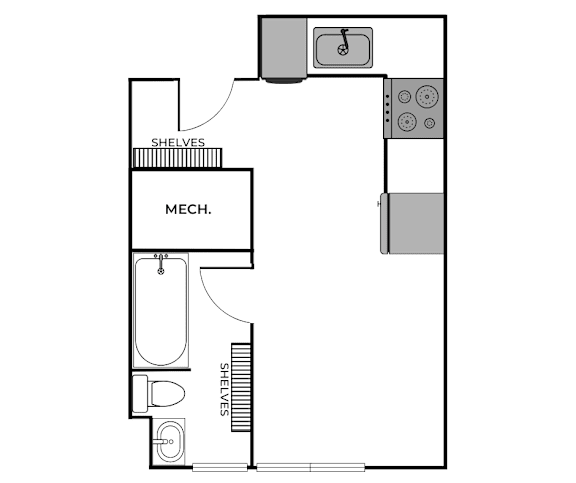 Floor Plan  A floor plan of a room with a kitchen area, a bathroom, and a bed.