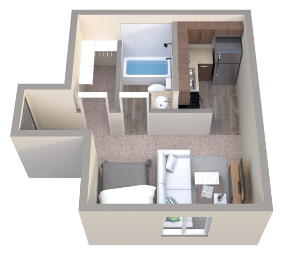 Floor Plan  a 3d drawing of a bedroom with a bathroom and a living room