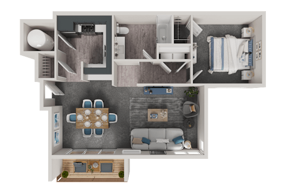 Floor Plan  A top-down view of a modern apartment layout with a dining area, living room, kitchen, and bathroom.