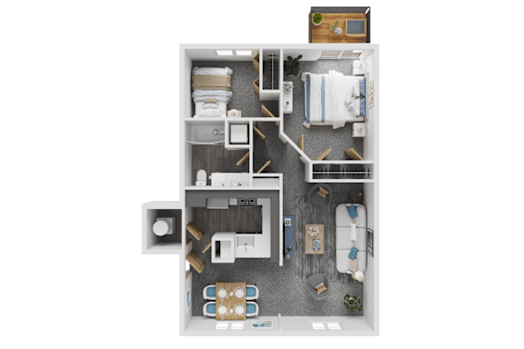 Floor Plan  A top-down view of a small apartment layout with a kitchen, living room, and bathroom.