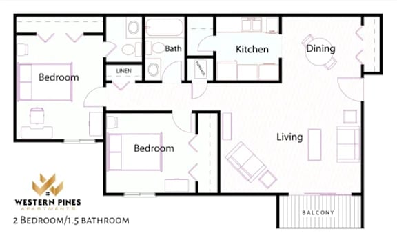 Floor Plan  A floor plan of a Western Pines apartment showing two bedrooms and one and a half bathrooms.