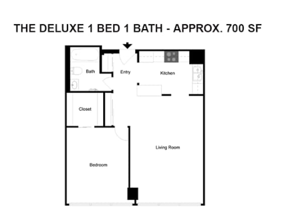 Floor Plan  A floor plan of a one bedroom apartment with a bathroom and a living room.