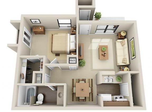 Floor Plan  A 3D floor plan of a house with a kitchen, living room, dining room, and bathroom.