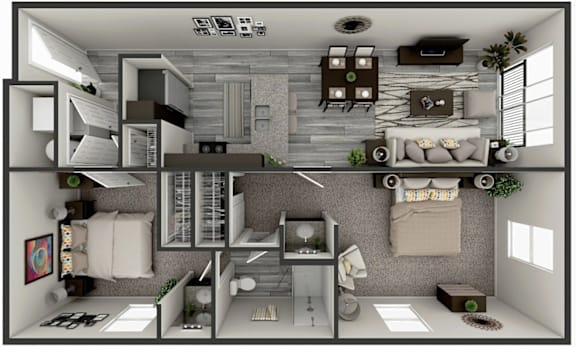 Floor Plan  A 3D rendered image of a modern, minimalist apartment layout.