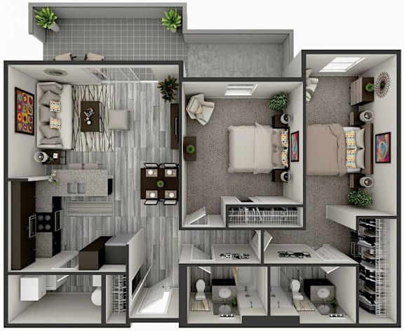 Floor Plan  A 3D rendered image of a small apartment layout.