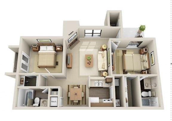 Floor Plan  A 3D floor plan of a house with a kitchen, living room, and two bedrooms.