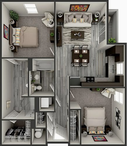 Floor Plan  A 3D floor plan of a small apartment with a bedroom, living room, kitchen, and bathroom.