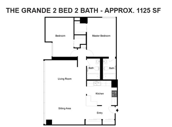 Floor Plan  A floor plan of a 2 bedroom, 2 bathroom apartment.