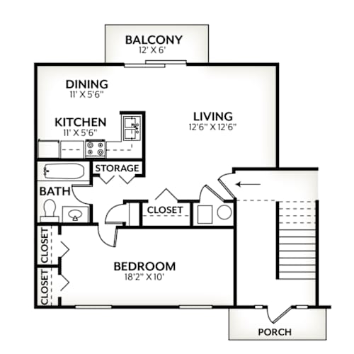 Floor Plan  A black and white floor plan of a small house with a balcony, living room, dining room, kitchen, bathroom, bedroom, porch, and closet.