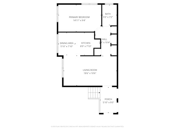 Floor Plan  A floor plan of a house with a primary bedroom, dining area, kitchen, living room, and porch.