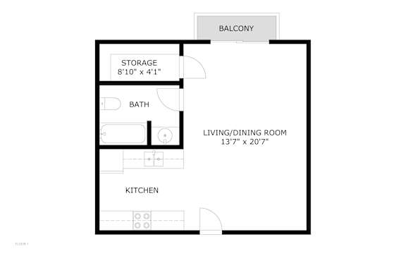 Floor Plan  A floor plan of a one bedroom apartment with a balcony.