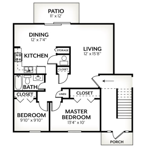 Floor Plan  A black and white image of a floor plan for a house with a living room, dining room, kitchen, two bedrooms, and a porch.