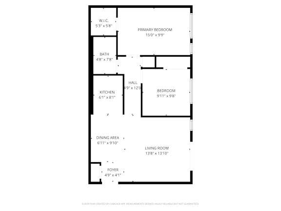 Floor Plan  A floor plan of a small apartment with a living room, dining area, kitchen, and two bedrooms.