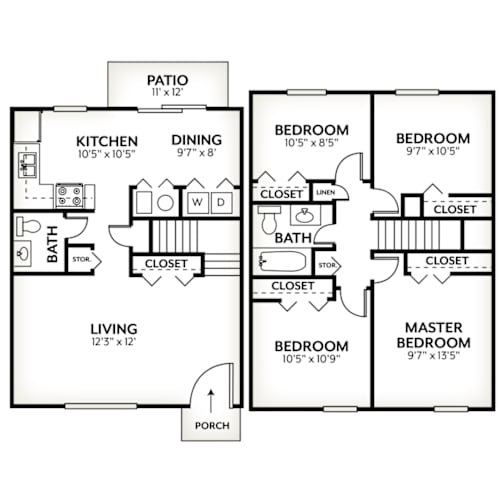 Floor Plan  A black and white floor plan of a house with a living area, kitchen, dining area, two bedrooms, a bathroom, and a patio.