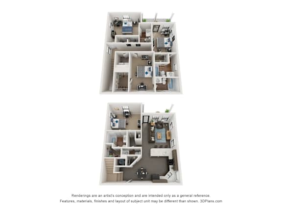 Floor Plan  Two floor plans of a house with a kitchen, living room, and bedrooms.
