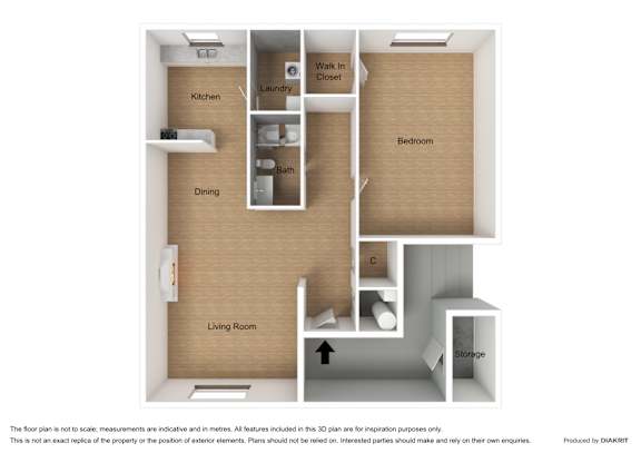 Floor Plan  A floor plan of a small apartment with a living room, kitchen, dining area, bedroom, and storage space.