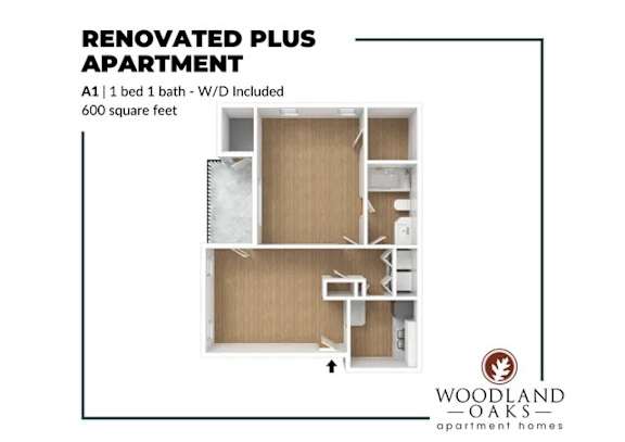 Floor Plan  A floor plan of a renovated plus apartment with a 1 bed 1 bath and woodland oaks apartment homes logo.