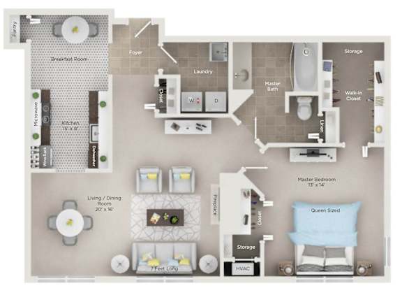 Floor Plan  2D floor plan with master bedroom and open living area at Regents Club of Troy Apartments, Michigan