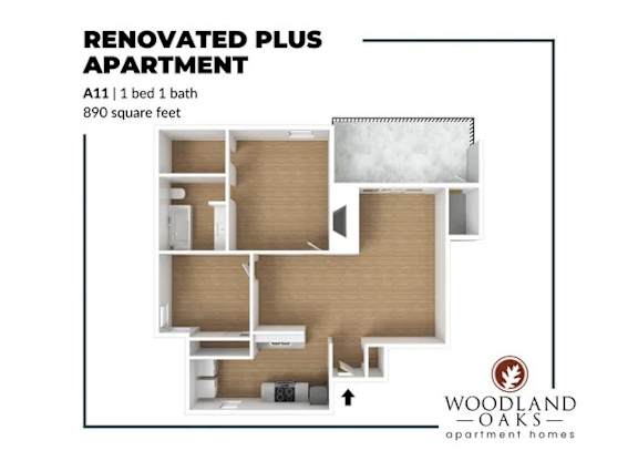 Floor Plan  A floor plan of a renovated plus apartment with a bed and bath.