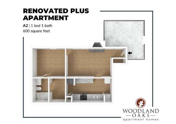 Floor Plan  A floor plan of a renovated plus apartment with a 1 bed 1 bath and 600 square feet.