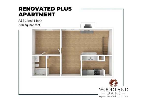 Floor Plan  A floor plan of a renovated plus apartment with a bed, a bath, and a living area.