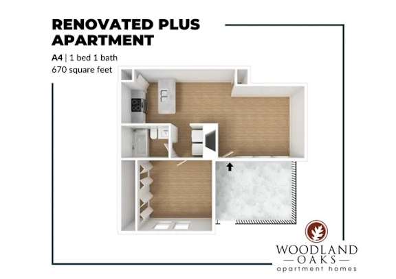 Floor Plan  A floor plan of a renovated plus apartment with a bed, bath, and kitchen.