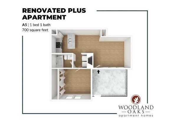 Floor Plan  A floor plan of a renovated plus apartment with a bed, bath, and kitchen.
