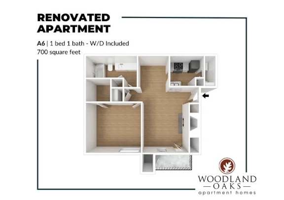 Floor Plan  A floor plan of a renovated apartment with a bedroom, living room, and kitchen.