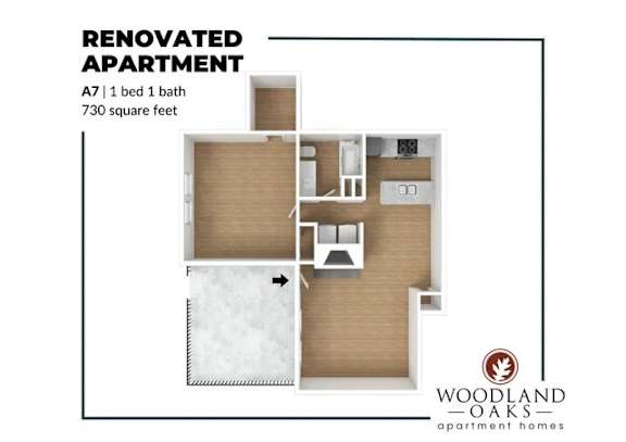 Floor Plan  A floor plan of a renovated apartment with a bedroom, bathroom, and kitchen.