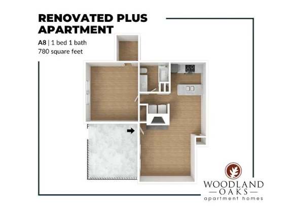 Floor Plan  A floor plan of a renovated plus apartment with a bed, a bath, and 780 square feet of space.