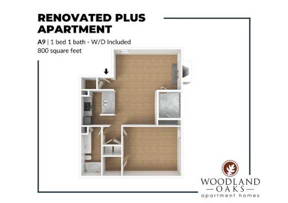 Floor Plan  A floor plan of a renovated plus apartment with a bed, a bath, and a work desk.