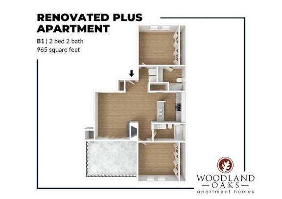 Floor Plan  A floor plan of a renovated plus apartment by Woodland Oaks Apartment Homes.