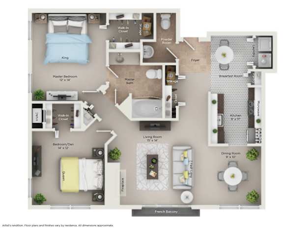 Floor Plan  Two bedroom floor plan with master suite and den at Regents Club of Troy Apartments, Troy, Michigan