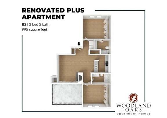 Floor Plan  A floor plan of a renovated plus apartment by Woodland Oaks Apartment Homes.