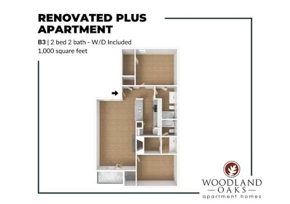 Floor Plan  A floor plan of a renovated plus apartment with a B3 | 2 bed 2 bath and a width of 1,000 square feet.