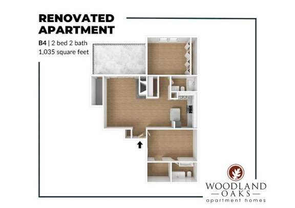 Floor Plan  A floor plan of a renovated apartment by Woodland Oaks Apartment Homes.