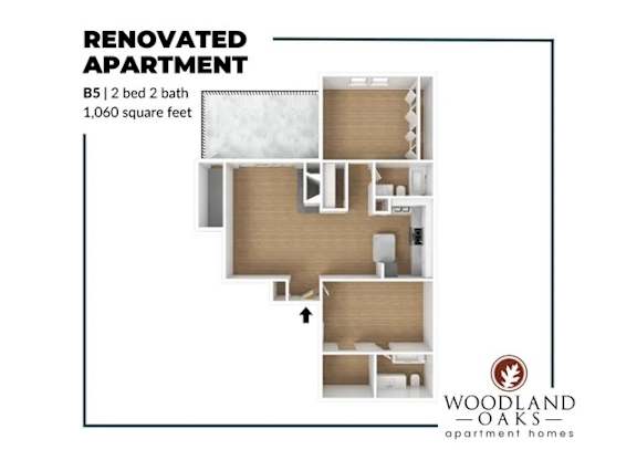 Floor Plan  A floor plan of a renovated apartment by Woodland Oaks Apartment Homes.