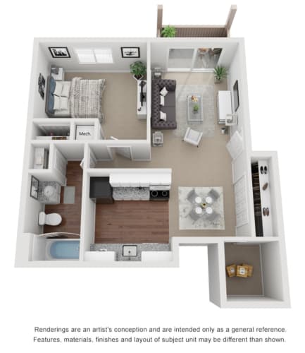 Floor Plan  1 Bed 1 Bath 600 sq ft 3D floor plan.