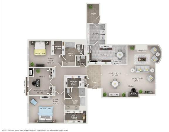 Floor Plan  3D floor plan with dual master suites and media room at Regents Club of Troy Apartments, Troy, 48084