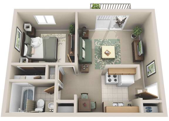 Floor Plan  A 3D rendered image of a small apartment layout.