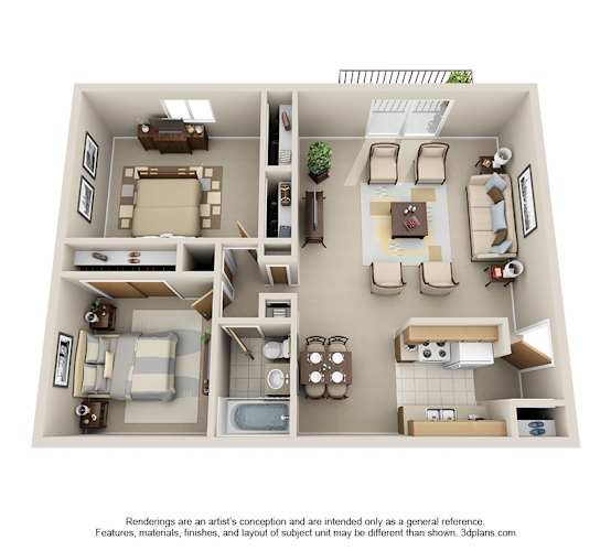 Floor Plan  A 3D floor plan of a small apartment with a kitchen, living room, and bathroom.