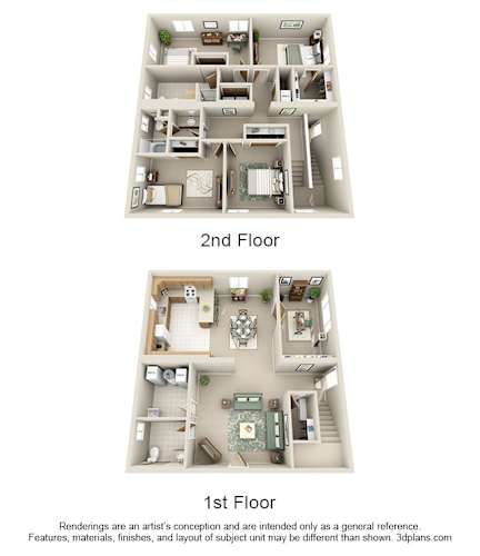 Floor Plan  A diagram shows two different layouts for the first and second floors of a house.